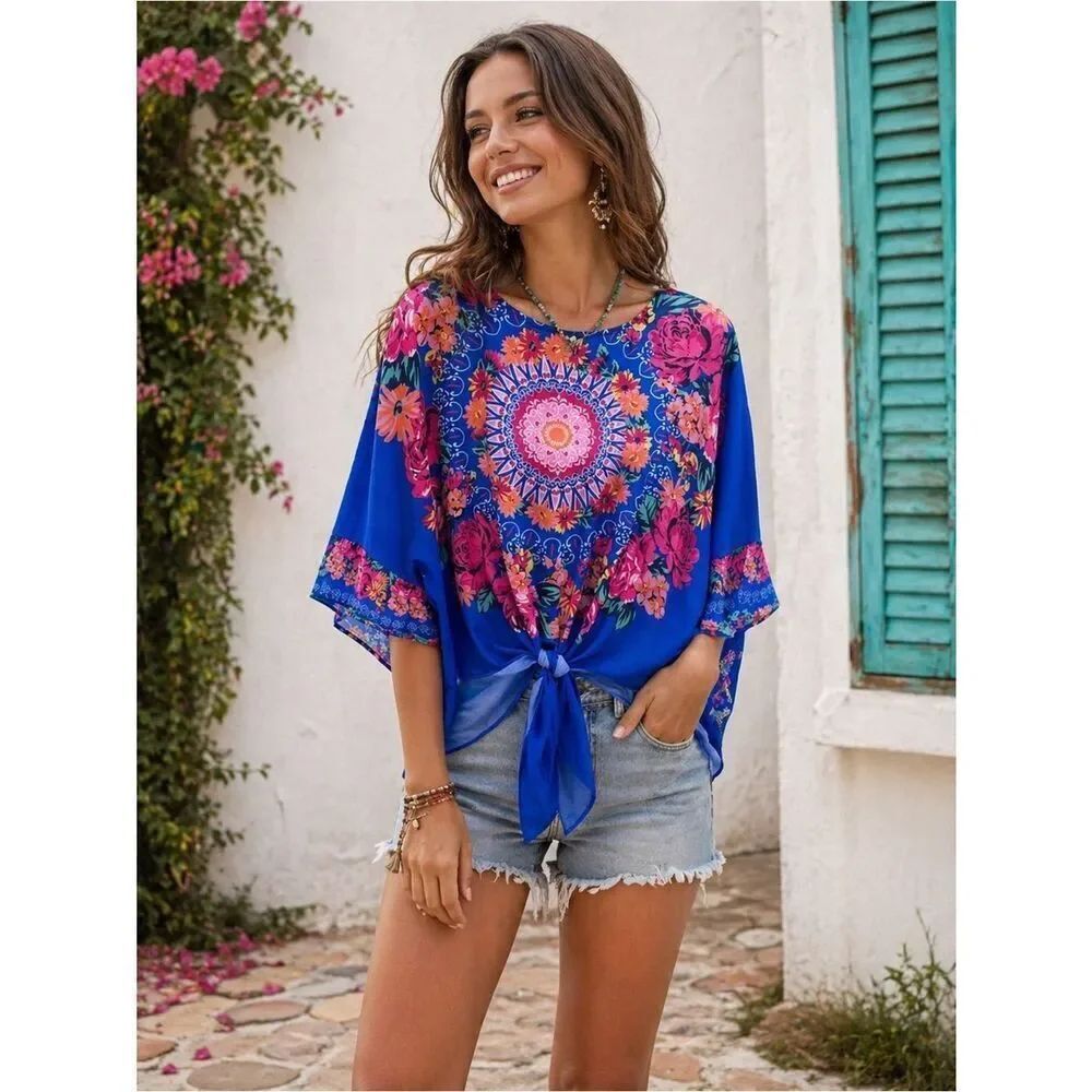 Anthropologie Umgee Floral Print Cobalt Blue Tie Front Boho Chic Top